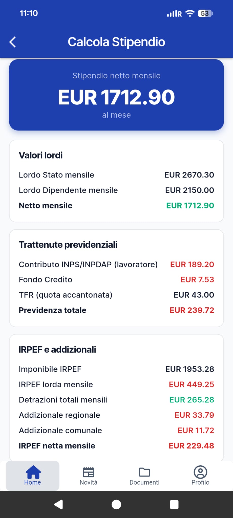 Risultato del calcolo stipendio